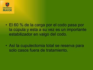 El 60 % de la carga por el codo pasa por la cúpula y esta a su vez es un importante estabilizador en valgo del codo.  Así la cupulectomia total se reserva para solo casos fuera de tratamiento. 