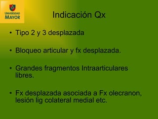 Tipo 2 y 3 desplazada Bloqueo articular y fx desplazada. Grandes fragmentos Intraarticulares libres. Fx desplazada asociada a Fx olecranon, lesión lig colateral medial etc. Indicación Qx 