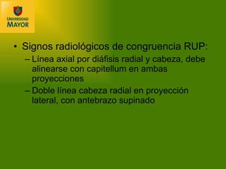 Signos radiológicos de congruencia RUP: Línea axial por diáfisis radial y cabeza, debe alinearse con capitellum en ambas proyecciones Doble línea cabeza radial en proyección lateral, con antebrazo supinado 