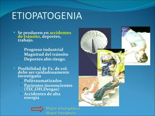 ETIOPATOGENIA Se producen en  accidentes de tránsito , deportes, trabajo. Progreso industrial Magnitud del tránsito Deportes alto riesgo. Posibilidad de Fx. de col. debe ser cuidadosamente investigada Politraumatizados Pacientes inconscientes (TEC,OH,Drogas) Accidentes de alta energia Mayor envergadura Mayor frecuencia 