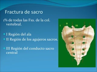 Fractura de sacro 1% de todas las Fxs. de la col. vertebral. I Región del ala II Región de los agujeros sacros. III Región del conducto sacro central 