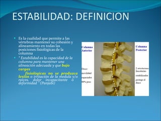 ESTABILIDAD: DEFINICION Es la cualidad que permite a las vértebras mantener su cohesión y alineamiento en todas las posiciones fisiológicas de la columna “  E stabilidad es la  c apacidad de la   columna  para  mantener  una alineación adecuada   y  que  bajo  cargas fisiológicas no se produzca lesión  o irritación de la   medula  y/ o raíces ,  dolor   incapacitante o  deformidad   ” (Panjabi) 