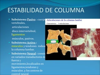 ESTABILIDAD DE COLUMNA Subsistema  Pasivo  : cuerpos vertebrales, articulaciones disco intervertebral, l igamentos   músculos, pasivos.  Subsistema  Activo  :   músculos  y tendones  rodean la columna lumbar.  Subsistema  Neural  :  consiste en variados transductores de fuerza y movimiento,localizados en ligamentos,tendones y músculos ,y los centros de control neural. 