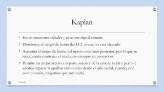 Kaplan
• Entre extensores radiales y extensor digital común:
• Disminuye el riesgo de lesión del LCL si este no está afect...
