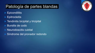 Patología de partes blandas
 Epicondilitis
 Epitrocleitis
 Tendinitis bicipital y tricipital
 Bursitis de codo
 Neurodoscitis cubital
 Síndrome del pronador redondo
 