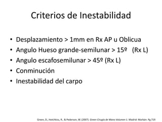 Criterios de Inestabilidad 
• Desplazamiento > 1mm en Rx AP u Oblicua 
• Angulo Hueso grande-semilunar > 15º (Rx L) 
• Angulo escafosemilunar > 45º (Rx L) 
• Conminución 
• Inestabilidad del carpo 
Green, D., Hotchkiss, R., & Pederson, W. (2007). Green Cirugía de Mano Volumen 1. Madrid: Marbán. Pg.719 
 