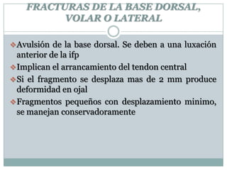 FRACTURAS DE LA BASE DORSAL,
VOLAR O LATERAL
Avulsión de la base dorsal. Se deben a una luxación
anterior de la ifp
Implican el arrancamiento del tendon central
Si el fragmento se desplaza mas de 2 mm produce
deformidad en ojal
Fragmentos pequeños con desplazamiento minimo,
se manejan conservadoramente
 