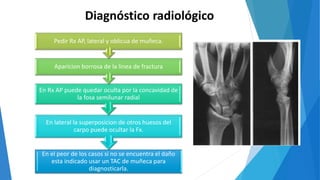 En el peor de los casos si no se encuentra el daño
esta indicado usar un TAC de muñeca para
diagnosticarla.
En lateral la superposicion de otros huesos del
carpo puede ocultar la Fx.
En Rx AP puede quedar oculta por la concavidad de
la fosa semilunar radial
Aparicion borrosa de la linea de fractura
Pedir Rx AP, lateral y oblicua de muñeca.
Diagnóstico radiológico
 