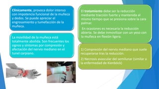 Clínicamente, provoca dolor intenso
con impotencia funcional de la muñeca
y dedos. Se puede apreciar el
engrosamiento y tumefacción de la
muñeca.
La movilidad de la muñeca está
totalmente abolida. Son frecuentes los
signos y síntomas por compresión y
afectación del nervio mediano en el
tunel carpiano.
El tratamiento debe ser la reducción
mediante tracción fuerte y mantenida al
mismo tiempo que se presiona sobre la cara
palmar.
En ocasiones es necesaria la reducción
abierta. Se debe inmovilizar con un yeso con
la muñeca en flexión ligera.
1) Compresión del nervio mediano que suele
recuperarse tras la reducción.
2) Necrosis avascular del semilunar (similar a
la enfermedad de Kienböck)
 
