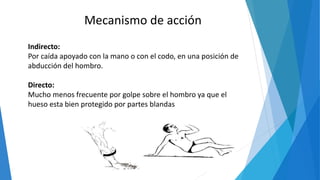 Mecanismo de acción
Indirecto:
Por caída apoyado con la mano o con el codo, en una posición de
abducción del hombro.
Directo:
Mucho menos frecuente por golpe sobre el hombro ya que el
hueso esta bien protegido por partes blandas
 