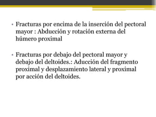 • Fracturas por encima de la inserción del pectoral
mayor : Abducción y rotación externa del
húmero proximal
• Fracturas por debajo del pectoral mayor y
debajo del deltoides.: Aducción del fragmento
proximal y desplazamiento lateral y proximal
por acción del deltoides.

 