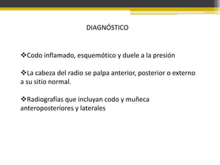 DIAGNÓSTICO

Codo inflamado, esquemótico y duele a la presión
La cabeza del radio se palpa anterior, posterior o externo
a su sitio normal.
Radiografías que incluyan codo y muñeca
anteroposteriores y laterales

 