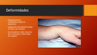 Deformidades
• Desplazamiento
radial(Deformidad en
bayoneta)
• Angulación dorsal(deformidad
en dorso de tenedor)
• Acortamiento radial (Ascenso
de la estiloides radial=Signo
de Laugier)
 