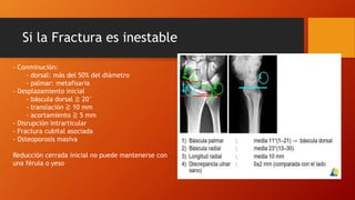 Si la Fractura es inestable
- Conminución:
- dorsal: más del 50% del diámetro
- palmar: metafisaria
- Desplazamiento inicial
- báscula dorsal ≧ 20°
- translación ≧ 10 mm
- acortamiento ≧ 5 mm
- Disrupción intrarticular
- Fractura cubital asociada
- Osteoporosis masiva
Reducción cerrada inicial no puede mantenerse con
una férula o yeso
 