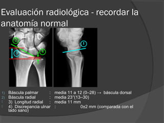 Evaluación radiológica - recordar la
anatomía normal
1) Báscula palmar : media 11 a 12 (0–28) → báscula dorsal
2) Báscula radial : media 23°(13–30)
 3) Longitud radial : media 11 mm
 4) Discrepancia ulnar : 0±2 mm (comparada con el
lado sano)
1
2
3 4
 