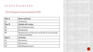 c l a s i f i c a c i ó n
De la Orthopedic Trauma Association (TAO)
Tipo A Extra-articular
A1 Avulsiones
Tipo B Aislada del cuerpo
B1 Sin desplazamiento
B2 Desplazada
B3 Desplazada con fractura asociada de articulación
calcaneocuboidea
Tipo C Articular
C1 Dos partes
C2 Tres partes
C3 Multifragmentaria
 