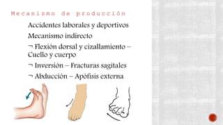 M e c a n i s m o d e p r o d u c c i ó n
Accidentes laborales y deportivos
Mecanismo indirecto
¬ Flexión dorsal y cizallamiento –
Cuello y cuerpo
¬ Inversión – Fracturas sagitales
¬ Abducción – Apófisis externa
 