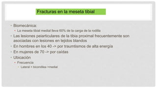 • Biomecánica:
• La meseta tibial medial lleva 60% de la carga de la rodilla
• Las lesiones peiarticulares de la tibia proximal frecuentemente son
asociadas con lesiones en tejidos blandos
• En hombres en los 40 -> por traumtismos de alta energía
• En mujeres de 70 -> por caídas
• Ubicación
• Frecuencia
• Lateral > bicondilea >medial
Fracturas en la meseta tibial
 