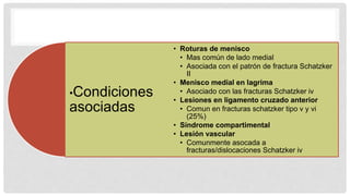 •Condiciones
asociadas
• Roturas de menisco
• Mas común de lado medial
• Asociada con el patrón de fractura Schatzker
II
• Menisco medial en lagrima
• Asociado con las fracturas Schatzker iv
• Lesiones en ligamento cruzado anterior
• Comun en fracturas schatzker tipo v y vi
(25%)
• Síndrome compartimental
• Lesión vascular
• Comunmente asocada a
fracturas/dislocaciones Schatzker iv
 