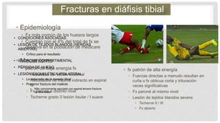 • Epidemiología
• Fx más común de los huesos largos
• Cuentan con el 4% del total de fx se
observa en la población de medicare
• Mecanismo
• patrón de baja energía fx
• Resultado de lesión torsional
• Resultados de trauma indirecto en espiral
fx
• Fx peroné a distinto nivel
• Tscherne grado 0 lesión tisular / I suave
• fx patrón de alta energía
• Fuerzas directas a menudo resultan en
cuña o fx oblicua corta y trituración
veces significativas
• Fx peroné al mismo nivel
• Lesión de tejidos blandos severa
• Tscherne II / III
• Fx abierto
Fracturas en diáfisis tibial
• CONDICIONES ASOCIADAS:
• LESIÓN DE TEJIDOS BLANDOS (HERIDAS
ABIERTAS)
• Crítico para el resultado
• SÍNDROME COMPARTIMENTAL
• PÉRDIDA DE HUESO
• LESIÓN ESQUELÉTICA IPSILATERAL
• La extensión de la meseta tibial
• Posterior fractura del maléolo
• Más comúnmente asociado con espiral tercera fractura
de tibia distal
 