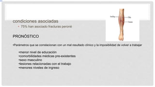 condiciones asociadas
• 75% han asociado fracturas peroné
PRONÓSTICO
•Parámetros que se correlacionan con un mal resultado clínico y la imposibilidad de volver a trabajar
•menor nivel de educación
•comorbilidades médicas pre-existentes
•sexo masculino
•lesiones relacionadas con el trabajo
•menores niveles de ingreso
 