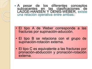  A pesar de los diferentes conceptos
subyacentes en las clasificaciones de
LAUGE-HANSEN Y DENIS-WEBER, existe
una relación operativa entre ambas:
• El tipo A de Weber corresponde a las
fracturas por supinación-aducción.
• El tipo B se relaciona con el grupo de
supinación-rotación externa.
• El tipo C es equivalente a las fracturas por
pronación-abducción y pronación-rotación
externa.
 
