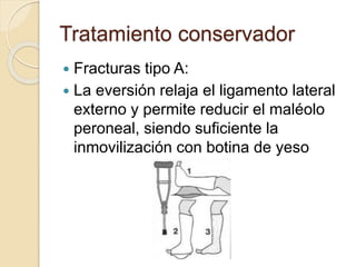 Tratamiento conservador
 Fracturas tipo A:
 La eversión relaja el ligamento lateral
externo y permite reducir el maléolo
peroneal, siendo suficiente la
inmovilización con botina de yeso
 