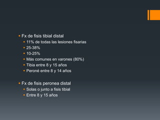  Fx de fisis tibial distal
 11% de todas las lesiones fisarias
 25-38%
 10-25%
 Más comunes en varones (80%)
 Tibia entre 8 y 15 años
 Peroné entre 8 y 14 años
 Fx de fisis peronea distal
 Solas o junto a fisis tibial
 Entre 8 y 15 años
 