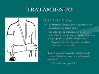 TTRRAATTAAMMIIEENNTTOO 
• DDee llooss 33 aa llooss 1122 aaññooss:: 
– LLaass ffrraaccttuurraass oobblliiccuuaass ssoonn ssuusscceeppttiibblleess ddee 
ttrraattaammiieennttoo ccoonn fféérruullaa eenn UU.. 
– PPaarraa eessttee ttiippoo ddee ffrraaccttuurraass,, aassíí ccoommoo llaass 
eessppiirrooiiddeeaass yy ccoonnmmiinnuuttaass,, eell yyeessoo ccoollggaannttee eess 
bbuueennaa ooppcciióónn eenn eell nniiññoo ccooooppeerraaddoorr.. 
• RReeqquuiieerree ccoonnttrrooll rraaddiiooggrrááffiiccoo ppeerriióóddiiccoo.. 
AAnntteebbrraazzoo eenn pprroonnaacciióónn.. 
– TTaann pprroonnttoo ccoommoo rreemmiittee eell ddoolloorr ppuueeddee 
ttrraattaarrssee aall ppaacciieennttee ccoonn mmoovviimmiieennttooss ddee 
aammpplliittuudd.. 
• CCiirrccuunndduucccciióónn yy ppéénndduulloo.. 
 