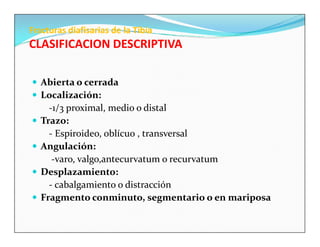 Fracturas diafisarias de la Tibia
CLASIFICACION DESCRIPTIVA

 Abierta o cerrada
 Localización:
      -1/3 proximal, medio o distal
   Trazo:
      - Espiroideo, oblícuo , transversal
   Angulación:
       -varo, valgo,antecurvatum o recurvatum
   Desplazamiento:
      - cabalgamiento o distracción
   Fragmento conminuto, segmentario o en mariposa
 
