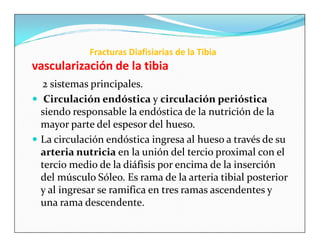Fracturas Diafisiarias de la Tibia
vascularización de la tibia
  2 sistemas principales.
 Circulación endóstica y circulación perióstica
  siendo responsable la endóstica de la nutrición de la
  mayor parte del espesor del hueso.
 La circulación endóstica ingresa al hueso a través de su
  arteria nutricia en la unión del tercio proximal con el
  tercio medio de la diáfisis por encima de la inserción
  del músculo Sóleo. Es rama de la arteria tibial posterior
  y al ingresar se ramifica en tres ramas ascendentes y
  una rama descendente.
 