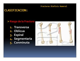  Rasgo de la Fractura

  1.   Transversa
  2.   Oblicua
  3.   Espiral
  4.   Segmentaria
  5.   Conminuta
 