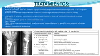  Tratamiento quirúrgico
 A veces, la posición del hueso está fuera de su lugar que no puede corregirse ni mantenerse en una enyesadura. En ese caso, podría
requerirse cirugía.
 hacer una incisión para acceder directamente a los huesos fracturados para mejorar la alineación (reducción abierta).
 Dependiendo de la fractura, hay un número de opciones para mantener el hueso en la posición correcta mientras consolida:
 Enyesadura
 Clavos de metal (por lo general de acero inoxidable o titanio)
 Placa y tornillos
 Fijador externo (un armazón estabilizante fuera del cuerpo que mantiene los huesos en la posición correcta para que así puedan
consolidar)
 Cualquier combinación de estas técnicas
TRATAMIENTOS:
 