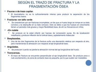 SEGÚN EL TRAZO DE FRACTURA Y LA
FRAGMENTACIÓN ÓSEA
 Fisuras o de trazo capilar.
 El traumatismo no es lo suficientemente intenso para producir la separación de los
fragmentos óseos.
 Fracturas «en tallo verde
 Se caracterizan por ser fracturas incompletas, en las que un hueso largo se rompe en su lado
convexo y se abarquilla en su lado cóncavo. Esto se debe a que los huesos en crecimiento
tienen un periostio más grueso y mayor flexibilidad ósea, de ahí su frecuencia en niños.
 «En rodete
 Se produce en la edad infantil, por fuerzas de compresión puras. Es de localización
metafisaria y produce inflexión de la cortical ósea y aplastamiento trabecular.
 Desplazadas.
 Uno de los dos fragmentos de la fractura sufre una desviación relativa con respecto al otro,
pero manteniendo la alineación con respecto al eje longitudinal óseo.
 Anguladas.
 Se producen cuando se pierde la alineación normal del eje longitudinal del hueso.
 Transversas.
 El trazo de fractura se encuentra perpendicular al eje longitudinal óseo. Se produce poco o
nulo acortamiento y la zona de contacto óseo es pequeña, por lo que suelen ser inestables.
 