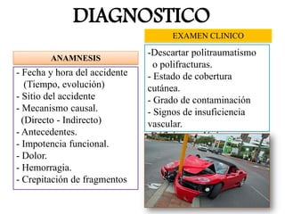 DIAGNOSTICO
- Fecha y hora del accidente
(Tiempo, evolución)
- Sitio del accidente
- Mecanismo causal.
(Directo - Indirecto)
- Antecedentes.
- Impotencia funcional.
- Dolor.
- Hemorragia.
- Crepitación de fragmentos
ANAMNESIS
EXAMEN CLINICO
-Descartar politraumatismo
o polifracturas.
- Estado de cobertura
cutánea.
- Grado de contaminación
- Signos de insuficiencia
vascular.
-Déficit neurológico.
- Estado musculotendíneo.
 