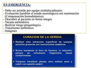 EN EMERGENCIA:
- Debe ser asistido por equipo multidisciplinario.
- Evaluación (también el estado neurológico) con reanimación
(Compensación hemodinámica)
- Descubrir al paciente en forma íntegra.
- Vacuna antitetánica.
- Realizar riesgo prequirúrgico.
- Tratamiento antibiótico.
- Imágenes
 