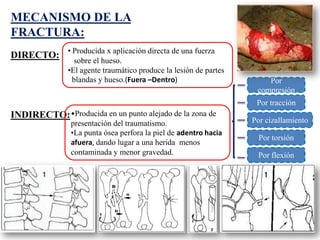 MECANISMO DE LA
FRACTURA:
DIRECTO:
INDIRECTO:•Producida en un punto alejado de la zona de
presentación del traumatismo.
•La punta ósea perfora la piel de adentro hacia
afuera, dando lugar a una herida menos
contaminada y menor gravedad.
• Producida x aplicación directa de una fuerza
sobre el hueso.
•El agente traumático produce la lesión de partes
blandas y hueso.(Fuera –Dentro) Por
compresión
Por tracción
Por torsión
Por cizallamiento
Por flexión
 