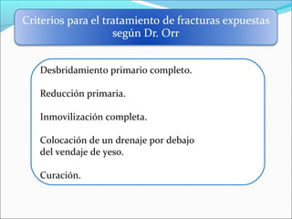 Desbridamiento primario completo.
Reducción primaria.
Inmovilización completa.
Colocación de un drenaje por debajo
del vendaje de yeso.
Curación.

 