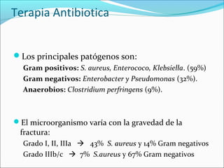 Terapia Antibiotica
Los principales patógenos son:
Gram positivos: S. aureus, Enterococo, Klebsiella. (59%)
Gram negativos: Enterobacter y Pseudomonas (32%).
Anaerobios: Clostridium perfringens (9%).

El microorganismo varía con la gravedad de la

fractura:

Grado I, II, IIIa  43% S. aureus y 14% Gram negativos
Grado IIIb/c  7% S.aureus y 67% Gram negativos

 