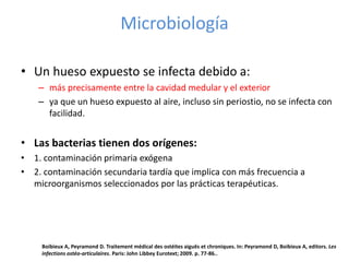 Microbiología
• Un hueso expuesto se infecta debido a:
– más precisamente entre la cavidad medular y el exterior
– ya que un hueso expuesto al aire, incluso sin periostio, no se infecta con
facilidad.
• Las bacterias tienen dos orígenes:
• 1. contaminación primaria exógena
• 2. contaminación secundaria tardía que implica con más frecuencia a
microorganismos seleccionados por las prácticas terapéuticas.
Boibieux A, Peyramond D. Traitement médical des ostéites aiguës et chroniques. In: Peyramond D, Boibieux A, editors. Les
infections ostéo-articulaires. Paris: John Libbey Eurotext; 2009. p. 77-86..
 