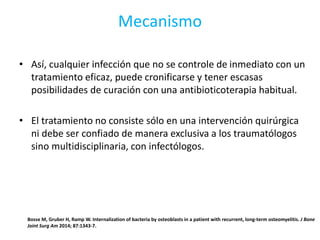 Mecanismo
• Así, cualquier infección que no se controle de inmediato con un
tratamiento eficaz, puede cronificarse y tener escasas
posibilidades de curación con una antibioticoterapia habitual.
• El tratamiento no consiste sólo en una intervención quirúrgica
ni debe ser confiado de manera exclusiva a los traumatólogos
sino multidisciplinaria, con infectólogos.
Bosse M, Gruber H, Ramp W. Internalization of bacteria by osteoblasts in a patient with recurrent, long-term osteomyelitis. J Bone
Joint Surg Am 2014; 87:1343-7.
 