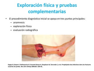 Exploración física y pruebas
complementarias
• El procedimiento diagnóstico inicial se apoya en tres puntos principales:
– anamnesis
– exploración física
– evaluación radiográfica
Gagey O, Doyon F, Dellamonica P, Carsenti-Etesse H, Desplaces N, Tancrede C, et al. Prophylaxie des infections dans les fractures
ouvertes de jambe. Rev Chir Orthop 2009;85: 328-36..
 