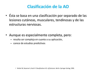 Clasificación de la AO
• Ésta se basa en una clasificación por separado de las
lesiones cutáneas, musculares, tendinosas y de las
estructuras nerviosas.
• Aunque es especialmente completa, pero:
– resulta ser compleja en cuanto a su aplicación,
– carece de estudios predictivos
• Muller M, Nazarian S, Koch P. Classification A.O. of fractures. Berlin: Springer-Verlag; 1990.
 