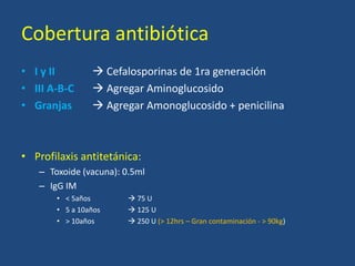 Cobertura antibiótica
• I y II  Cefalosporinas de 1ra generación
• III A-B-C  Agregar Aminoglucosido
• Granjas  Agregar Amonoglucosido + penicilina
• Profilaxis antitetánica:
– Toxoide (vacuna): 0.5ml
– IgG IM
• < 5años  75 U
• 5 a 10años  125 U
• > 10años  250 U (> 12hrs – Gran contaminación - > 90kg)
 