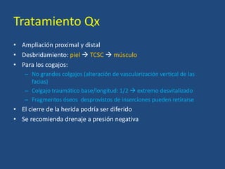 Tratamiento Qx
• Ampliación proximal y distal
• Desbridamiento: piel  TCSC  músculo
• Para los cogajos:
– No grandes colgajos (alteración de vascularización vertical de las
facias)
– Colgajo traumático base/longitud: 1/2  extremo desvitalizado
– Fragmentos óseos desprovistos de inserciones pueden retirarse
• El cierre de la herida podría ser diferido
• Se recomienda drenaje a presión negativa
 