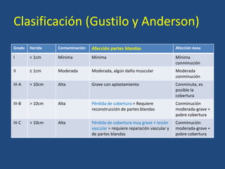 Clasificación (Gustilo y Anderson)
Grado Herida Contaminación Afección partes blandas Afección ósea
I < 1cm Mínima Mínima Mínima
conminución
II ≥ 1cm Moderada Moderada, algún daño muscular Moderada
conminución
III-A > 10cm Alta Grave con aplastamiento Conminuta, es
posible la
cobertura
III-B > 10cm Alta Pérdida de cobertura = Requiere
reconstrucción de partes blandas
Conminución
moderada-grave +
pobre cobertura
III-C > 10cm Alta Pérdida de cobertura muy grave + lesión
vascular = requiere reparación vascular y
de partes blandas
Conminución
moderada-grave +
pobre cobertura
 