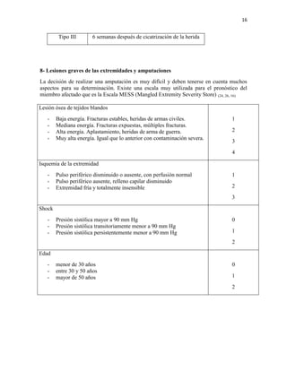 16
Tipo III 6 semanas después de cicatrización de la herida
8- Lesiones graves de las extremidades y amputaciones
La decisión de realizar una amputación es muy difícil y deben tenerse en cuenta muchos
aspectos para su determinación. Existe una escala muy utilizada para el pronóstico del
miembro afectado que es la Escala MESS (Mangled Extremity Severity Store) (24, 26, 16)
Lesión ósea de tejidos blandos
- Baja energía. Fracturas estables, heridas de armas civiles.
- Mediana energía. Fracturas expuestas, múltiples fracturas.
- Alta energía. Aplastamiento, heridas de arma de guerra.
- Muy alta energía. Igual que lo anterior con contaminación severa.
1
2
3
4
Isquemia de la extremidad
- Pulso periférico disminuido o ausente, con perfusión normal
- Pulso periférico ausente, relleno capilar disminuido
- Extremidad fría y totalmente insensible
1
2
3
Shock
- Presión sistólica mayor a 90 mm Hg
- Presión sistólica transitoriamente menor a 90 mm Hg
- Presión sistólica persistentemente menor a 90 mm Hg
0
1
2
Edad
- menor de 30 años
- entre 30 y 50 años
- mayor de 50 años
0
1
2
 