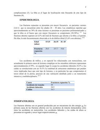 2
complicaciones (3). La tibia es el lugar de localización más frecuente de este tipo de
fracturas (4).
EPIDEMIOLOGIA
Las fracturas expuestas se presentan con mayor frecuencia en pacientes varones
(3,6:1) que se encuentran entre las edades 26 – 30 años. Las estadísticas reportan que
aproximadamente un 30% de estas lesiones se presentan en pacientes politraumatizados y
que la tibia es el hueso que con mayor frecuencia se compromete (30-50%). (7)
Las
fracturas abiertas suponen un 6,5% del total de fracturas que afectan a la tibia y el peroné.
De ellas, la más frecuentemente observada es la de diáfisis tibial (21,6% son abiertas). (5,6)
Los accidentes de tráfico, y en especial los relacionados con motocicletas, son
actualmente la primera causa de lesiones complejas en los miembros inferiores representan
aproximadamente el 59%, en segundo lugar lo ocupa los accidentes laborales 24.5% y las
caídas se correlacionan con un 16.3% La multitud de estructuras anatómicas que pueden
verse implicadas hace que este tipo de lesiones, y en particular las que comprometen el
tercio distal de la pierna, precisen de una valoración detallada junto a un tratamiento
intensivo y multidisciplinario. (6,7)
FISIOPATOLOGIA
Las fracturas abiertas son en general producidas por un mecanismo de alta energía (8). La
primera causa de las fracturas abiertas son los accidentes de tránsito destacándose entre
éstos los accidentes en motocicleta. Los accidentes laborales y las caídas de altura se
presentan en segundo y tercer lugar respectivamente (9)
Edad
(años)
15-25 26-35 36 -45
Fracturas
expuestas
%
29,5 337.7 19,6
Causa Fracturas expuestas %
Accidente de transito 59
Accidente laborales 24.5
Caídas 16.3
 