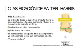 CLASIFICACIÓNDESALTER- HARRIS
Tipo 3 poco frecuente
•Se extiende desde la superficie articular hasta la
zona profunda de la placa epifisiaria y luego a lo
largo de esta hasta la periferia.
•Cizallamiento a nivel intraarticular
•Epífisis distal de la tibia
•En adolescentes, una parte de la placa epifisiaria
ya se ha cerrado y otra aun permanece abierta.
•“Fractura triplana”
intraarticular
SALTERRB.TRASTORNOSYLESIONESDELSISTEMAMUSCULOESQUELÉTICO.3ªED.MÉXICO:ELSEVIER-MASSON.
 