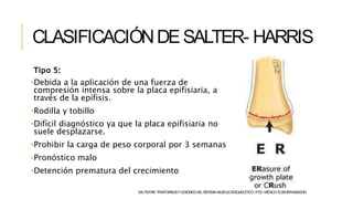 CLASIFICACIÓNDESALTER- HARRIS
Tipo 5:
•Debida a la aplicación de una fuerza de
compresión intensa sobre la placa epifisiaria, a
través de la epífisis.
•Rodilla y tobillo
•Difícil diagnóstico ya que la placa epifisiaria no
suele desplazarse.
•Prohibir la carga de peso corporal por 3 semanas
•Pronóstico malo
•Detención prematura del crecimiento
SALTERRB.TRASTORNOSYLESIONESDELSISTEMAMUSCULOESQUELÉTICO.3ªED.MÉXICO:ELSEVIER-MASSON.
 
